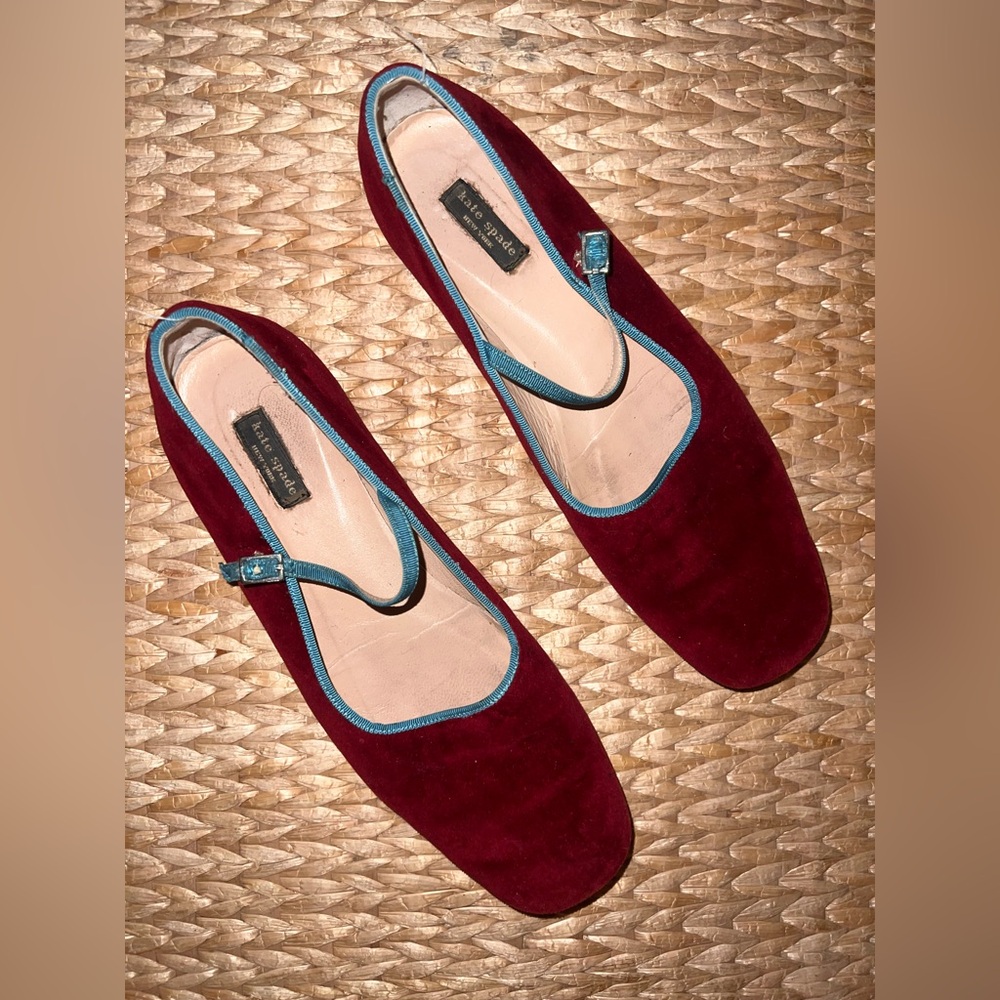 Kate Spade Velvet Burgundy Mary Jane with Teal Trim Size 7.5